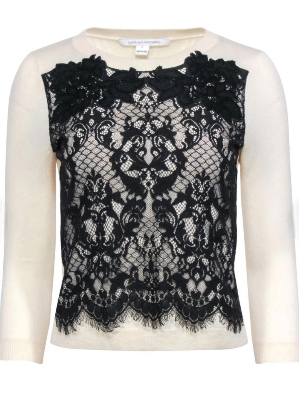 Diane Von Furstenberg Ivory Wool Blend Long-Sleeve Top Black Lace Overlay Size L - Picture 2 of 8